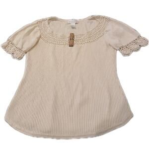 SOFT SURROUNDINGS Women's Crochet Linen Cotton Short Sleeve‎ Top Ribbed Size M